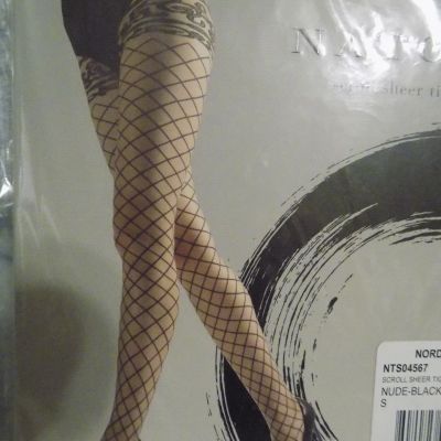 Size Small Natori Scroll Sheer Tights Nude Black New Style No. NTS045